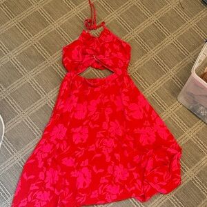 Red Floral Halter Dress